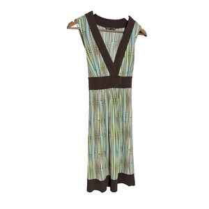 Vintage Y2K Tie Sleeveless Dress Fairy M Green‎ Brown geometric striped midi
